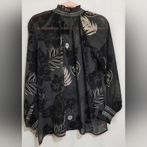 CAbi Aloha Blouse Style Semi Sheer Black Print Long Sleeve Smocking Size M - Picture 3 of 9